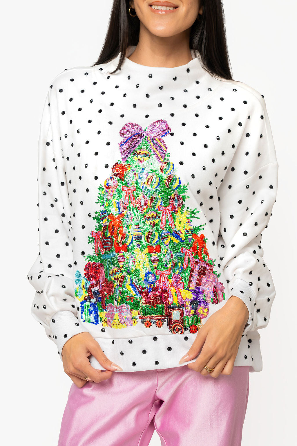 Queen of Sparkles White & Black Poka Dot Multi Christmas Tree Mockneck Sweatshirt