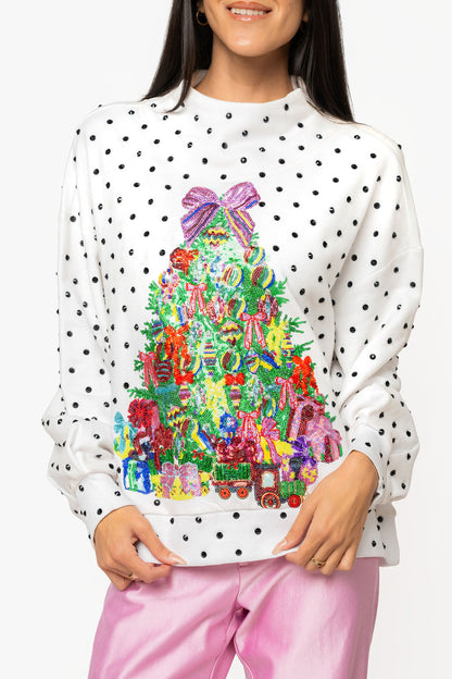 Queen of Sparkles White & Black Poka Dot Multi Christmas Tree Mockneck Sweatshirt