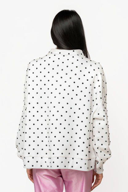 Queen of Sparkles White & Black Poka Dot Multi Christmas Tree Mockneck Sweatshirt