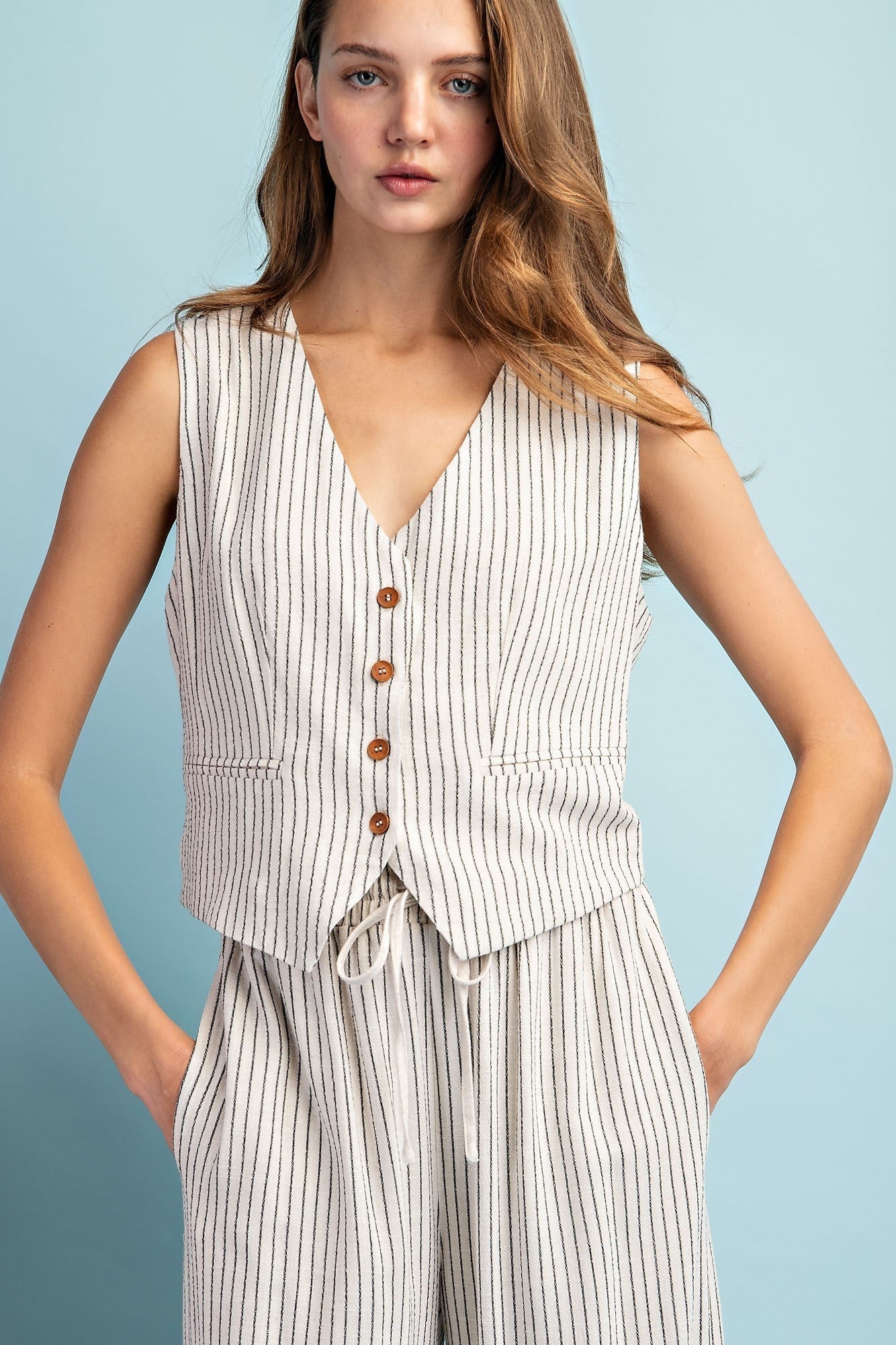 Pinstriped Button Down Vest Top