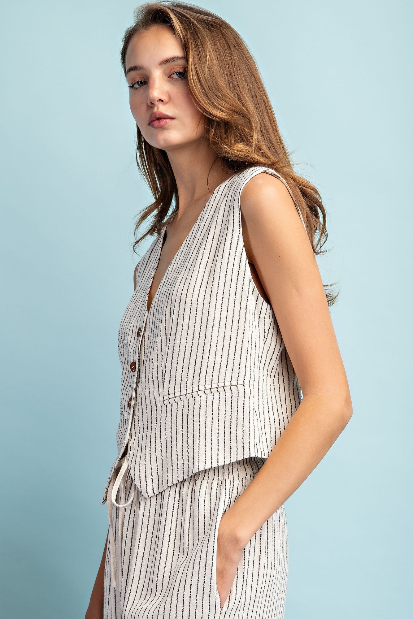 Pinstriped Button Down Vest Top