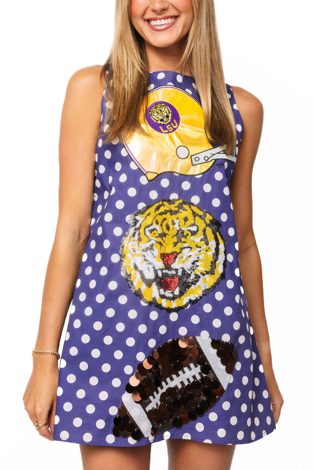 Queen of Sparkles Licensed LSU Football & Helmet Icon Polka Dot Tank Dress