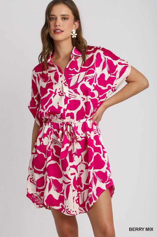 Abstract Floral Print Button Down Dress