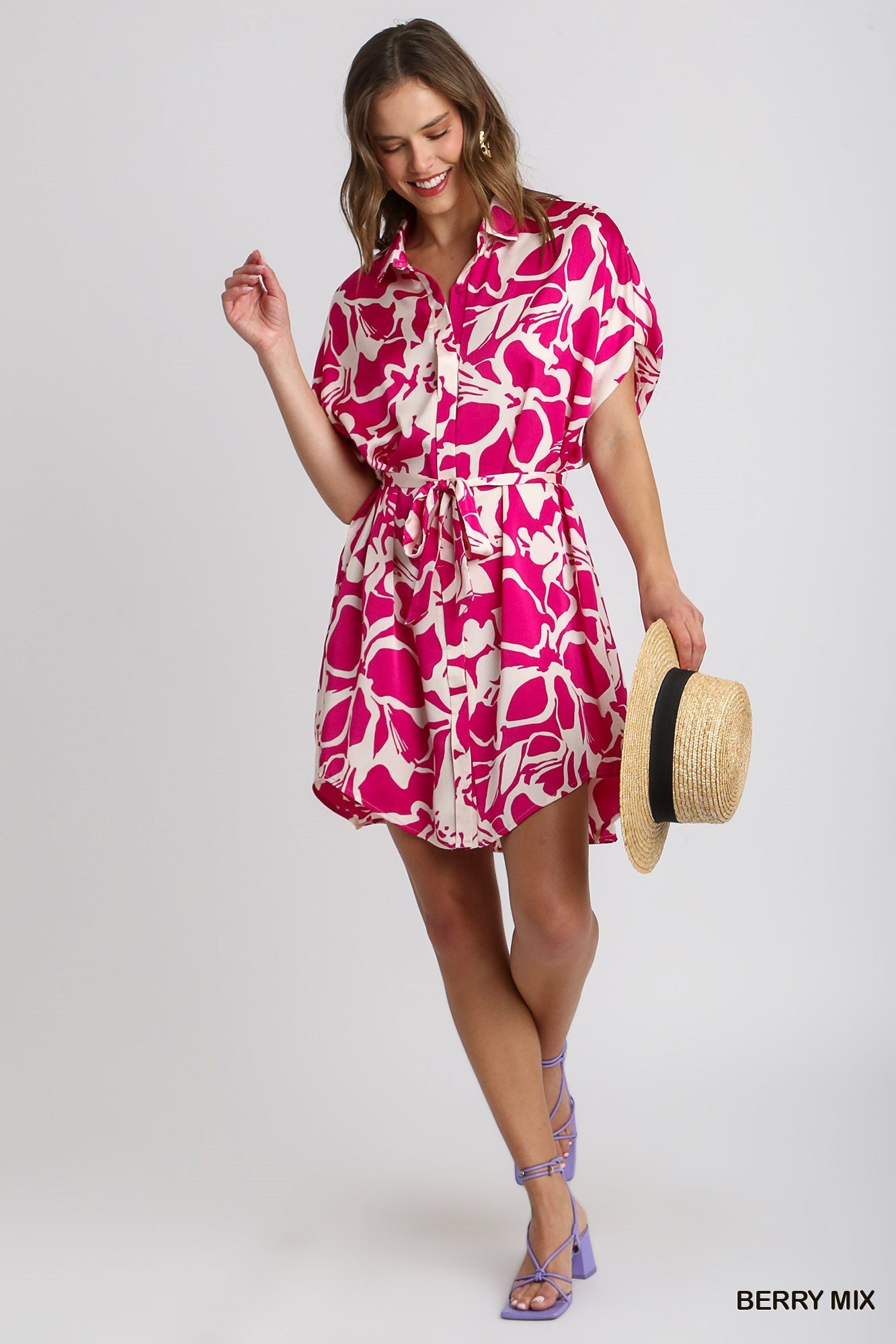 Abstract Floral Print Button Down Dress