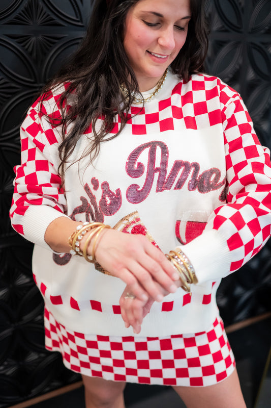 Queen of Sparkles Red & White Checkered Pizza & Wine Sweater