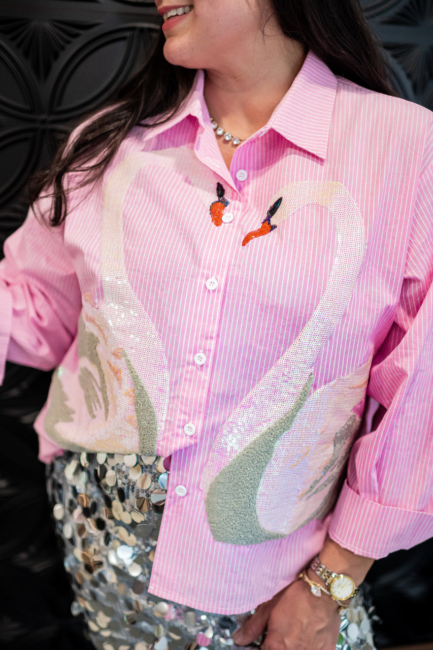 Queen of Sparkles Pink Striped Sequin Swan Top