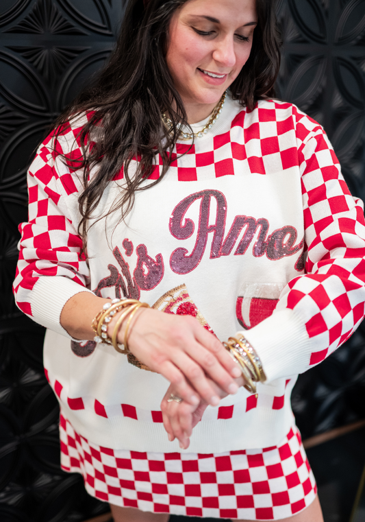 Queen of Sparkles Red & White Checkered Pizza & Wine Sweater