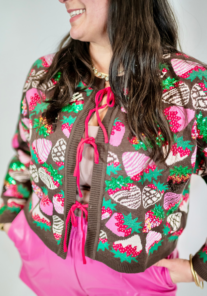 Queen of Sparkles Brown Multi Strawberry Sweater