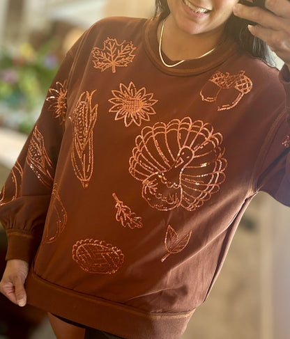 Brown Sequin Thanksgiving Icon Sweatshirt