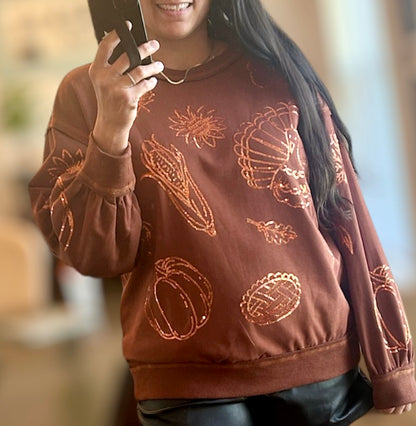 Brown Sequin Thanksgiving Icon Sweatshirt