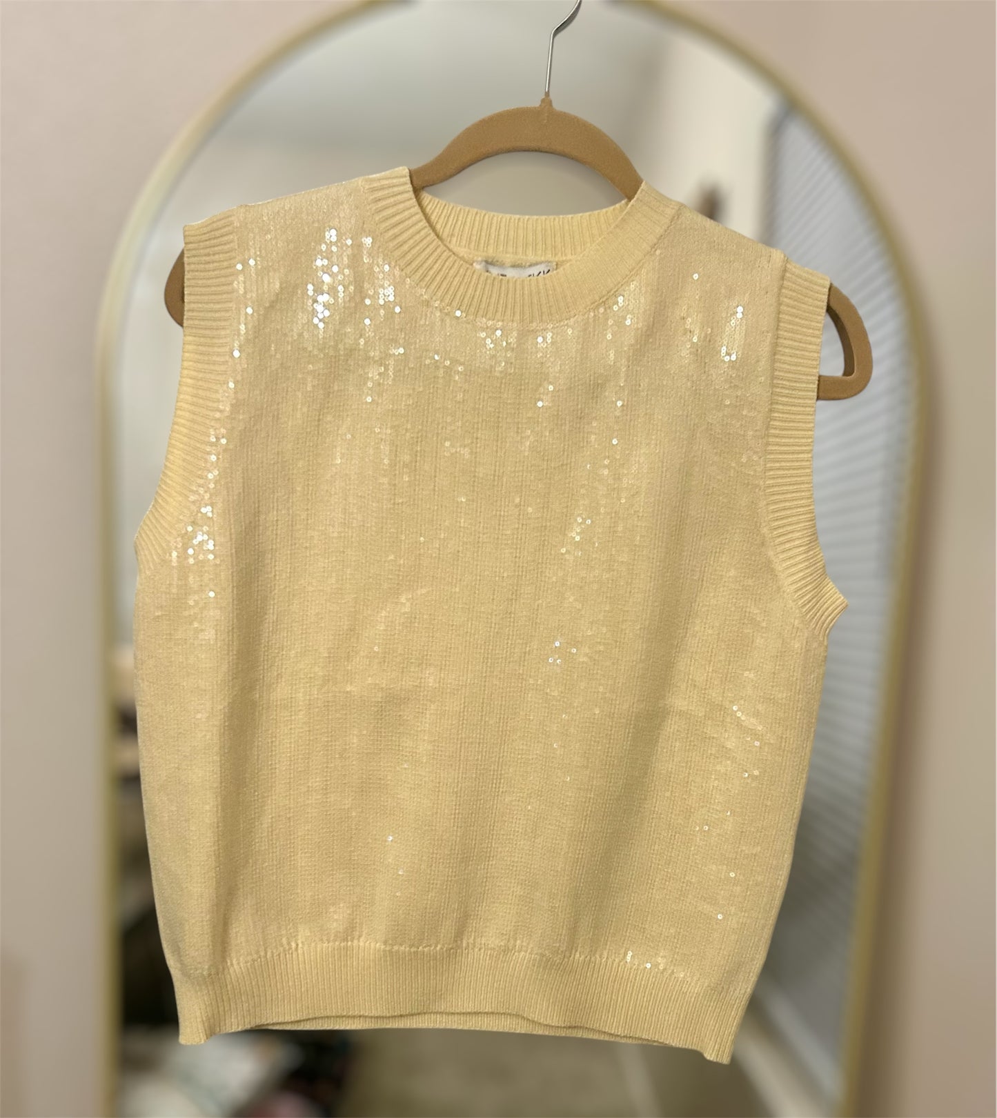 Light Yellow Sleeveless Sequin Knit Sweater Top