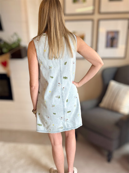 Denim Button Down Embroidered Dress
