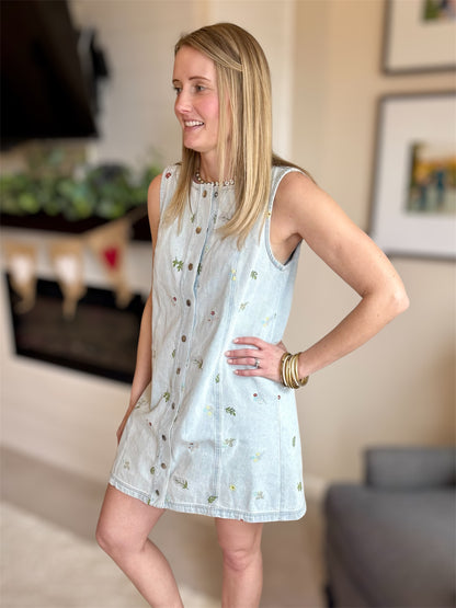 Denim Button Down Embroidered Dress