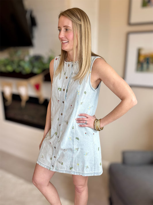 Denim Button Down Embroidered Dress