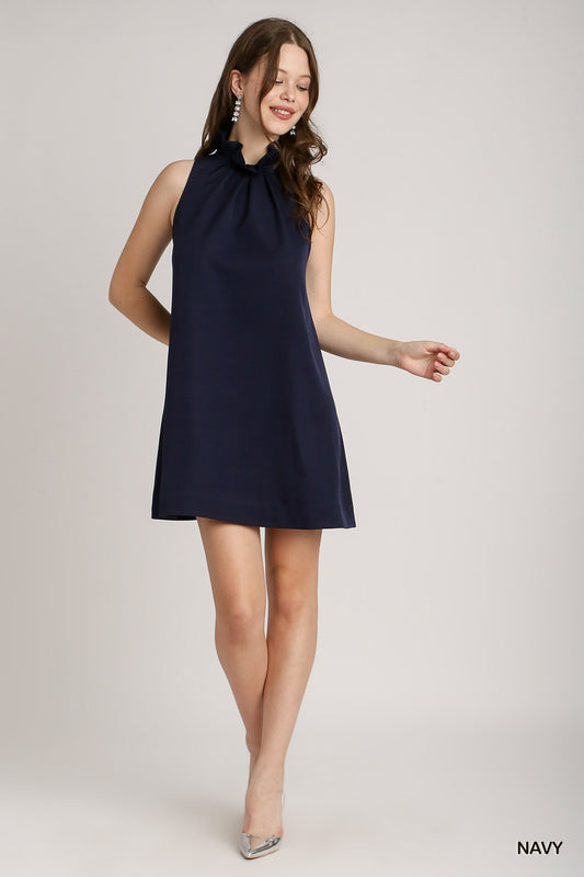 Navy Ruffle Neck Dress