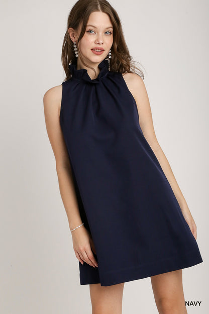 Navy Ruffle Neck Dress