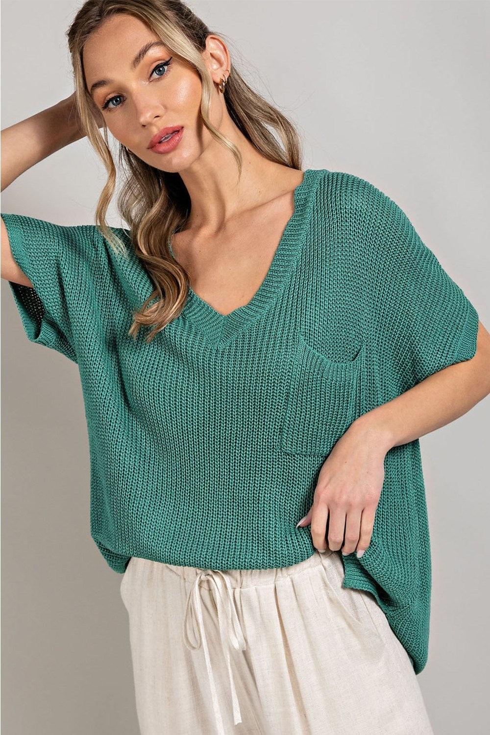 Sage Ribbed V Neck Top