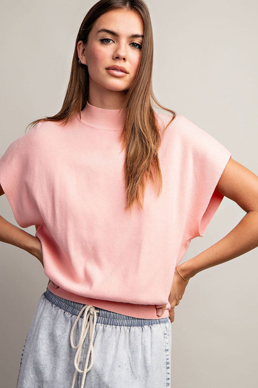 Pink Mock Neck Short Sleeve Top