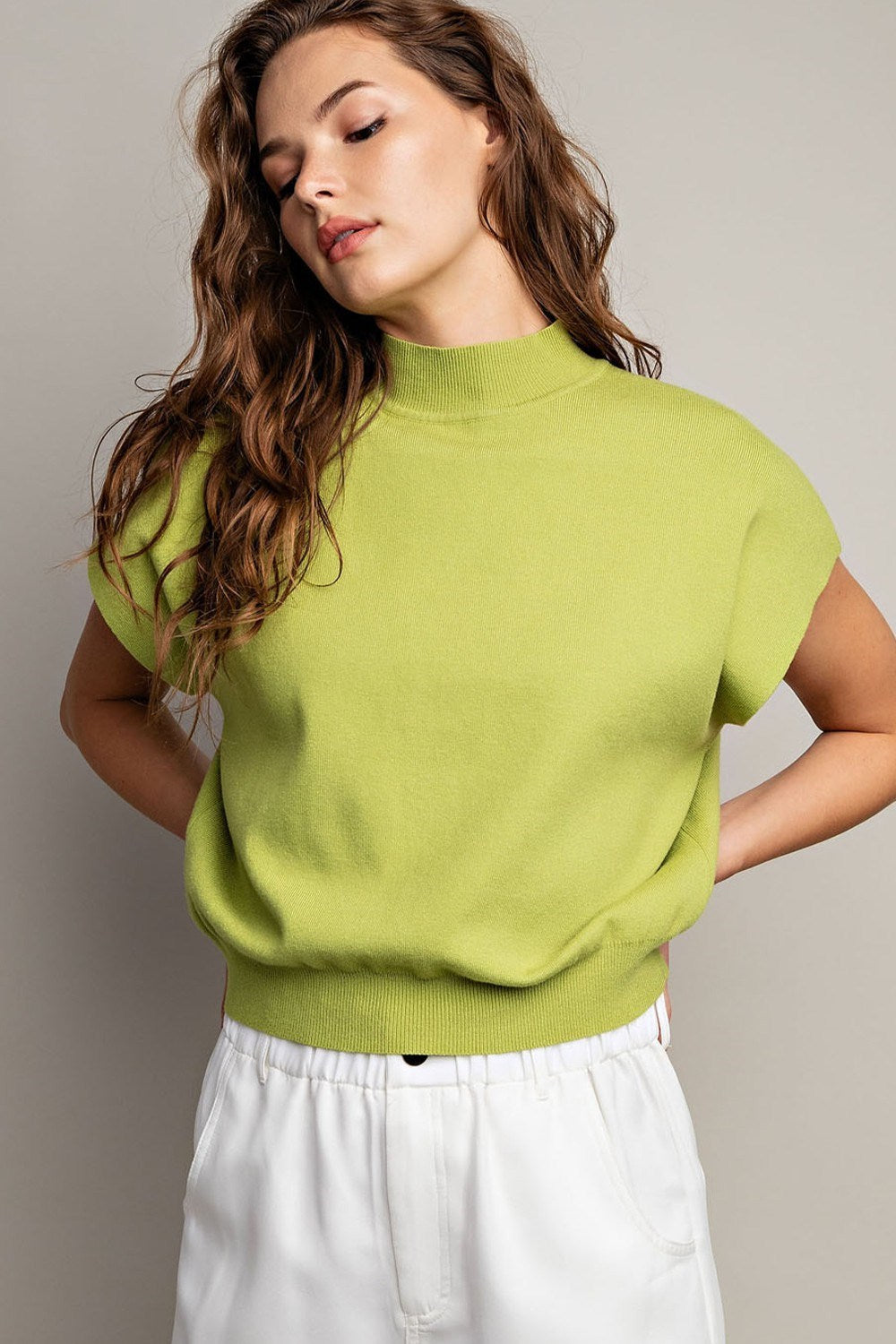 Green Mock Neck Short Sleeve Top