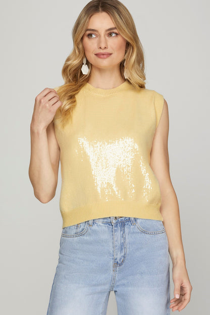 Light Yellow Sleeveless Sequin Knit Sweater Top