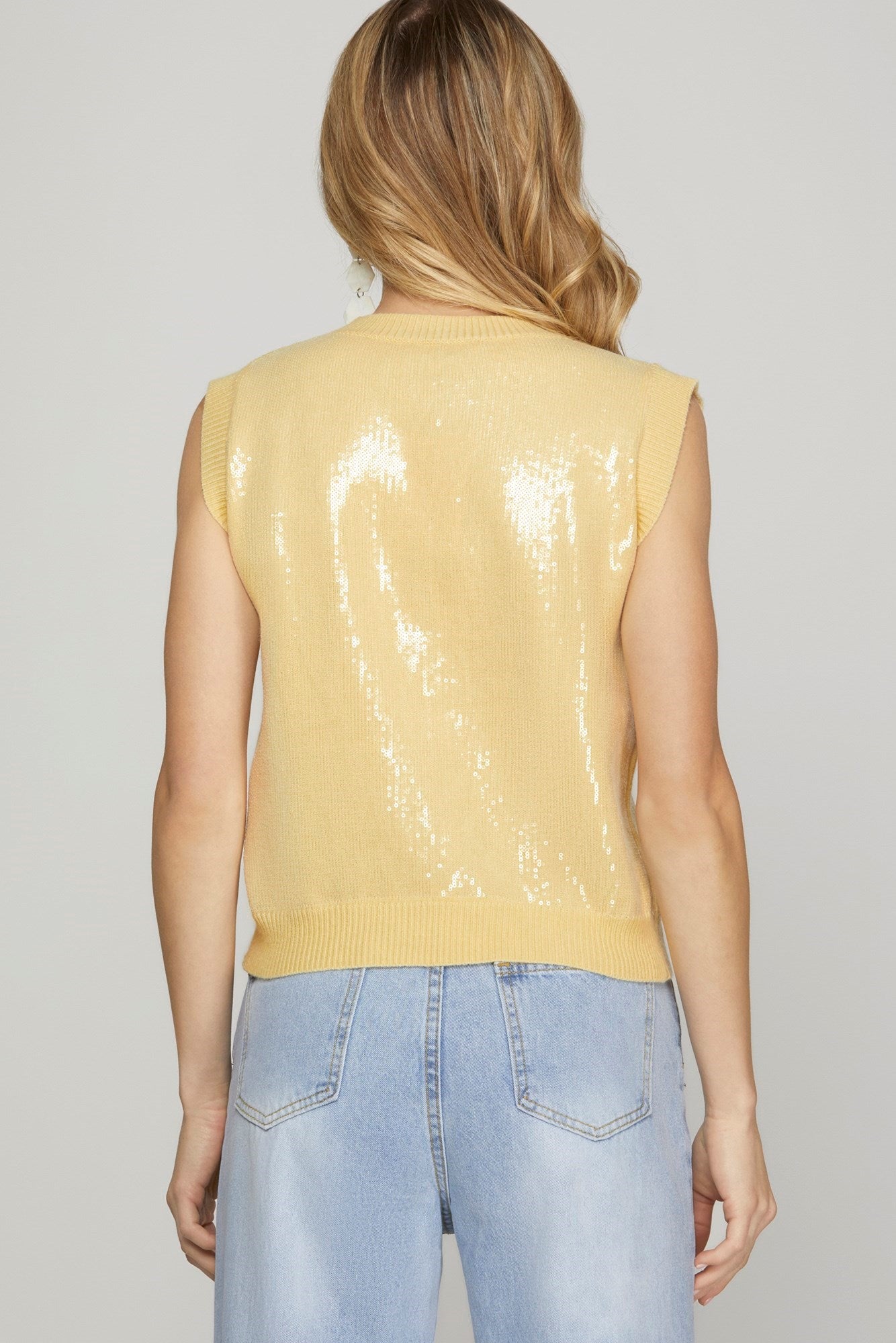 Light Yellow Sleeveless Sequin Knit Sweater Top