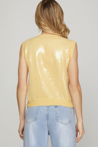 Light Yellow Sleeveless Sequin Knit Sweater Top