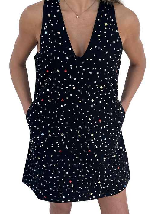 Queen of Sparkles Black Multi Rhinestone V Neck Denim Dress