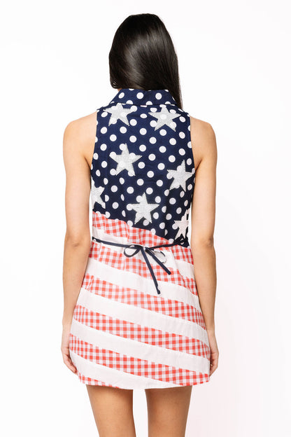 Queen of Sparkles Navy, Red & White Polka Dot And Stripe Usa Button Up Tank Dress