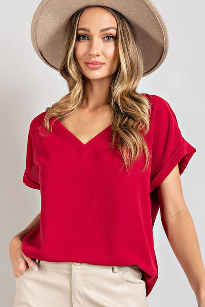 Wine Short Sleeve V Neck Top