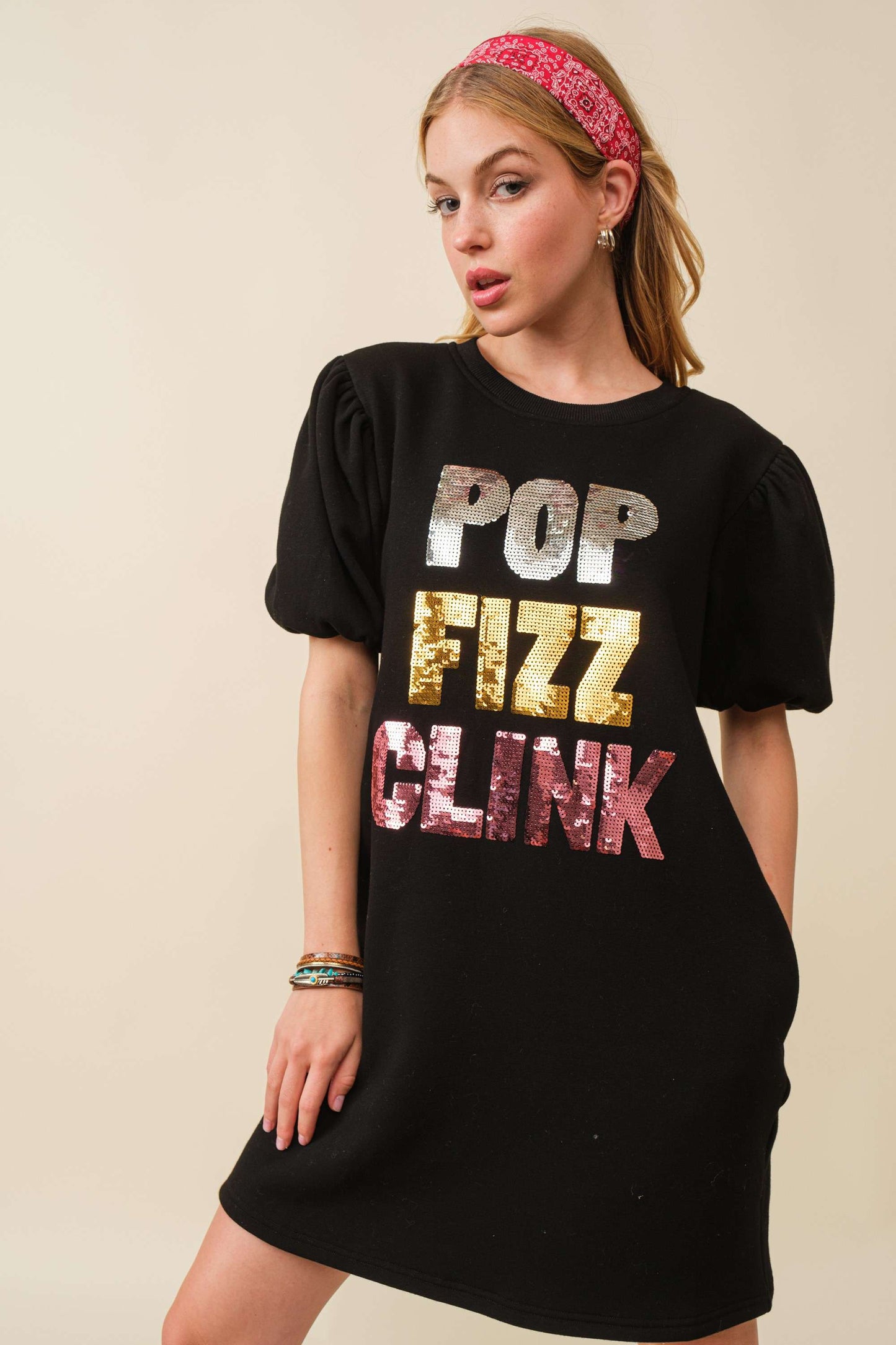 Pop Fizz Clink Sequin Letter Dress