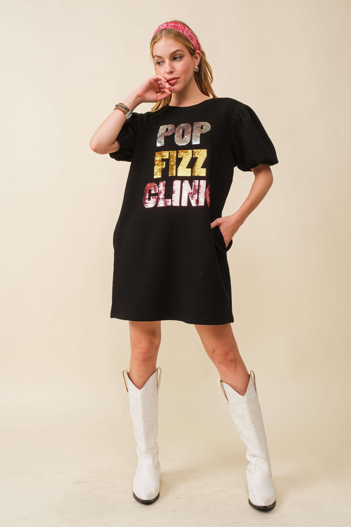 Pop Fizz Clink Sequin Letter Dress