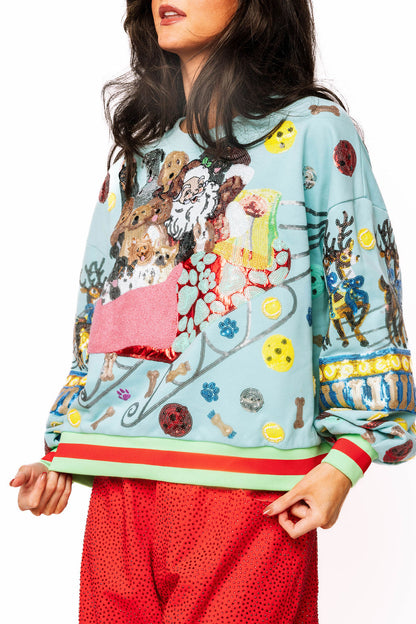 Queen of Sparkles Aqua Dogs On Santas Sleigh Sweatshirt