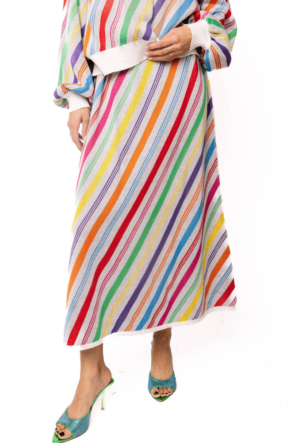 Queen of Sparkles Rainbow Striped Knit Midi Skirt