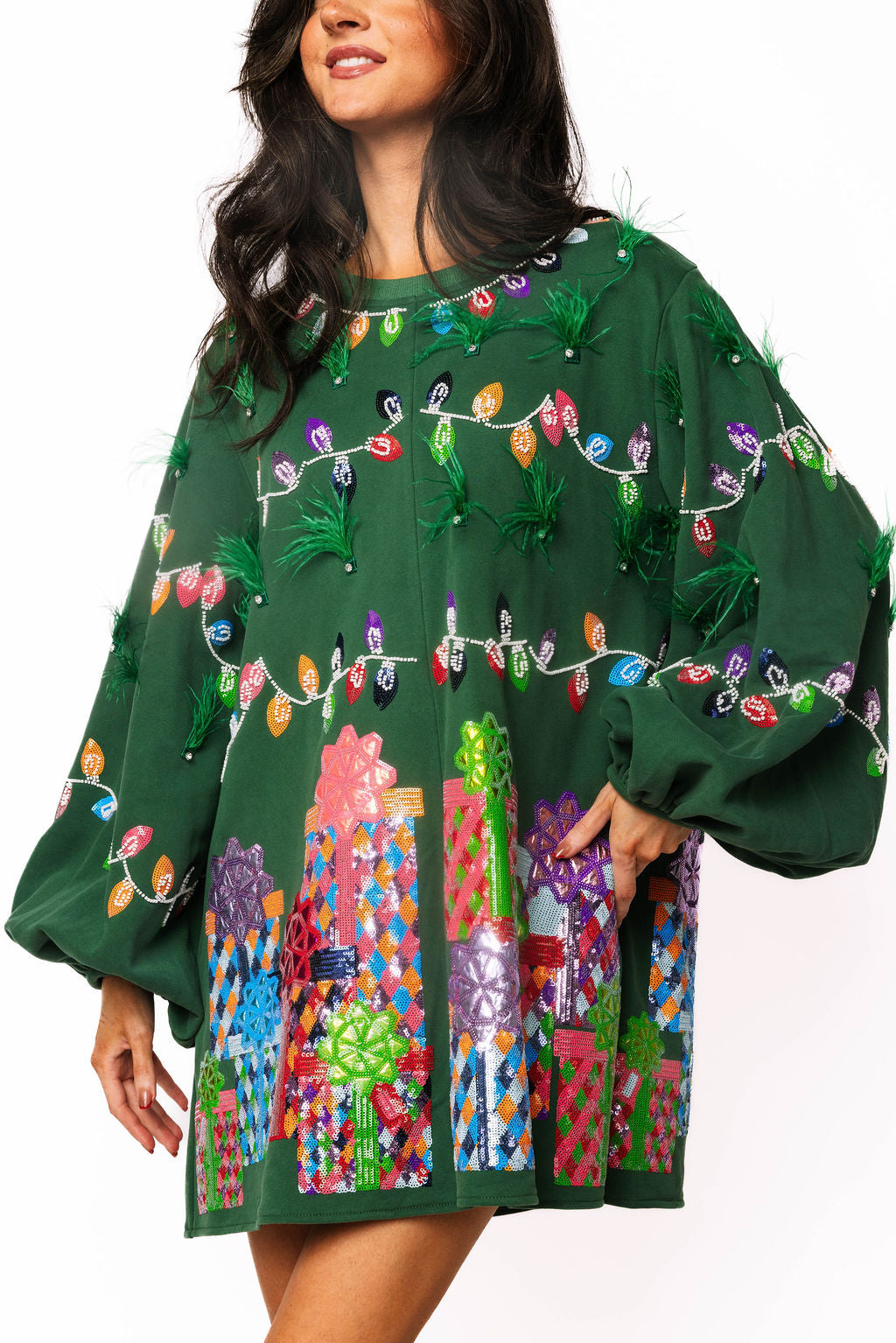 Queen of Sparkles Green Christmas Lights And Presents Balloon Sleeve Sweatshirt Dress With Feathers