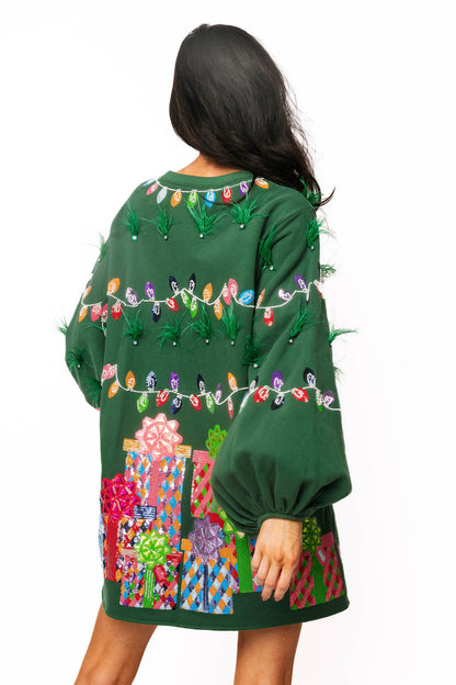 Queen of Sparkles Green Christmas Lights And Presents Balloon Sleeve Sweatshirt Dress With Feathers