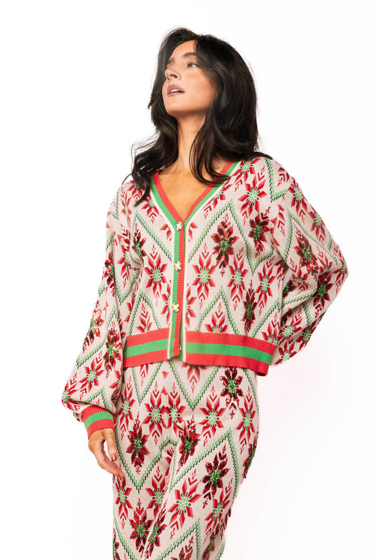 Queen of Sparkles Beige, Green & Red Flower Print Christmas Cardigan