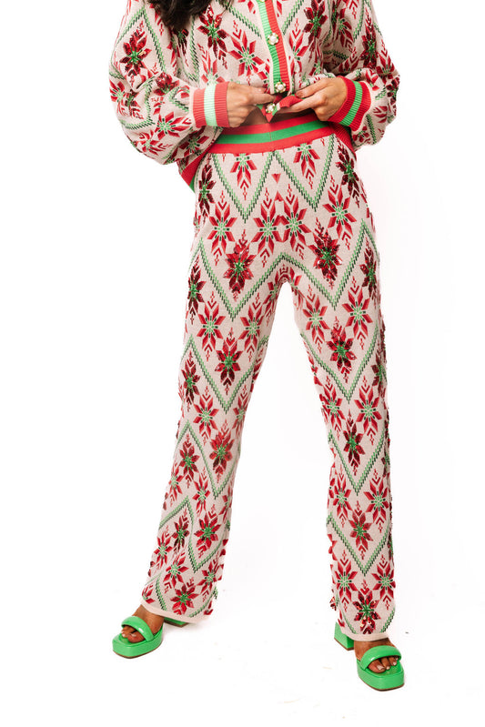 Queen of Sparkles Beige, Green & Red Flower Print Christmas Knit Pant
