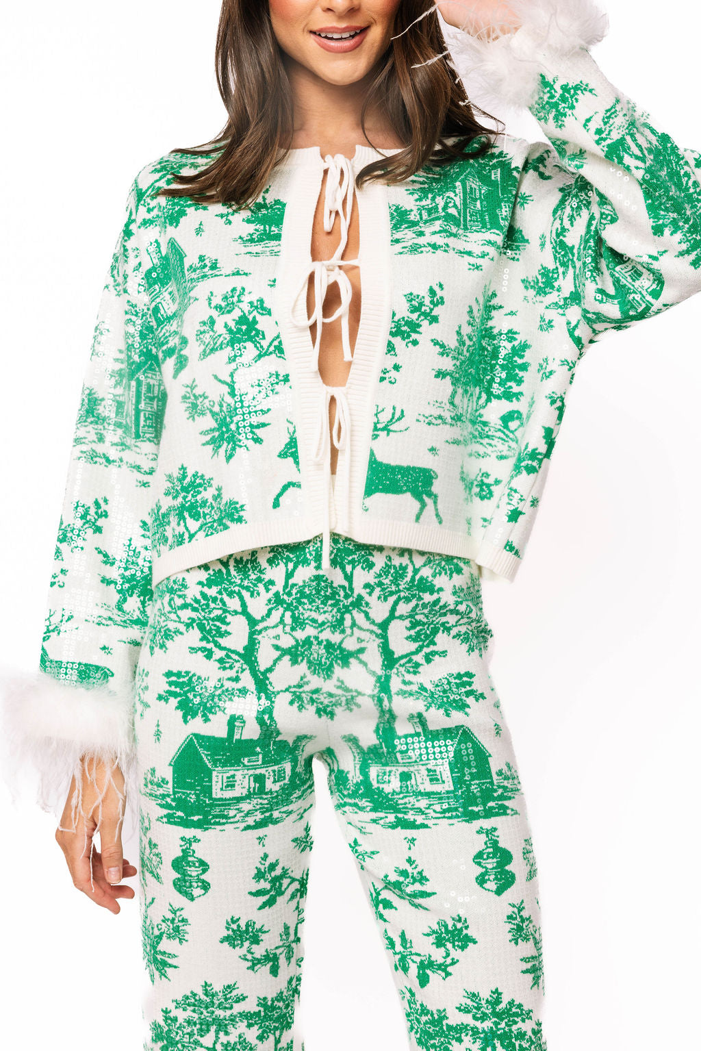 Queen of Sparkles Green & White Christmas Twall Feather Sleeve Sweater