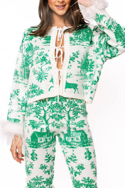 Queen of Sparkles Green & White Christmas Twall Feather Sleeve Sweater