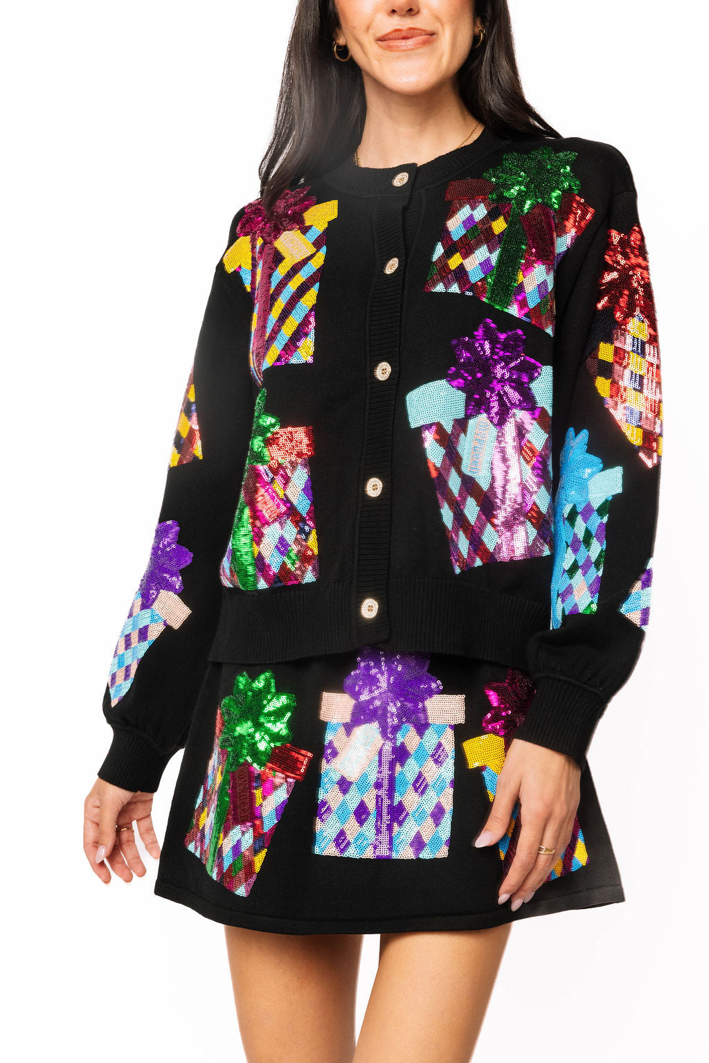 Queen of Sparkles Black Multi Present Button Up Cardigan