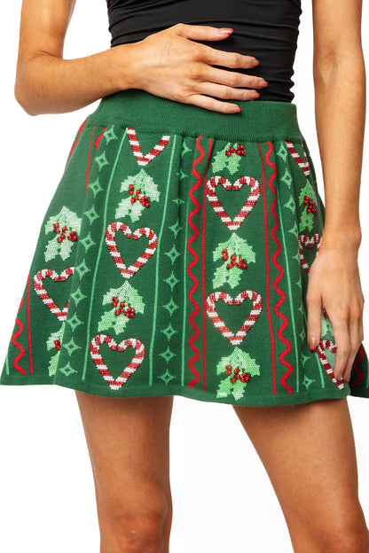 Queen of Sparkles Green 3D Holly & Peppermint Knit Skirt