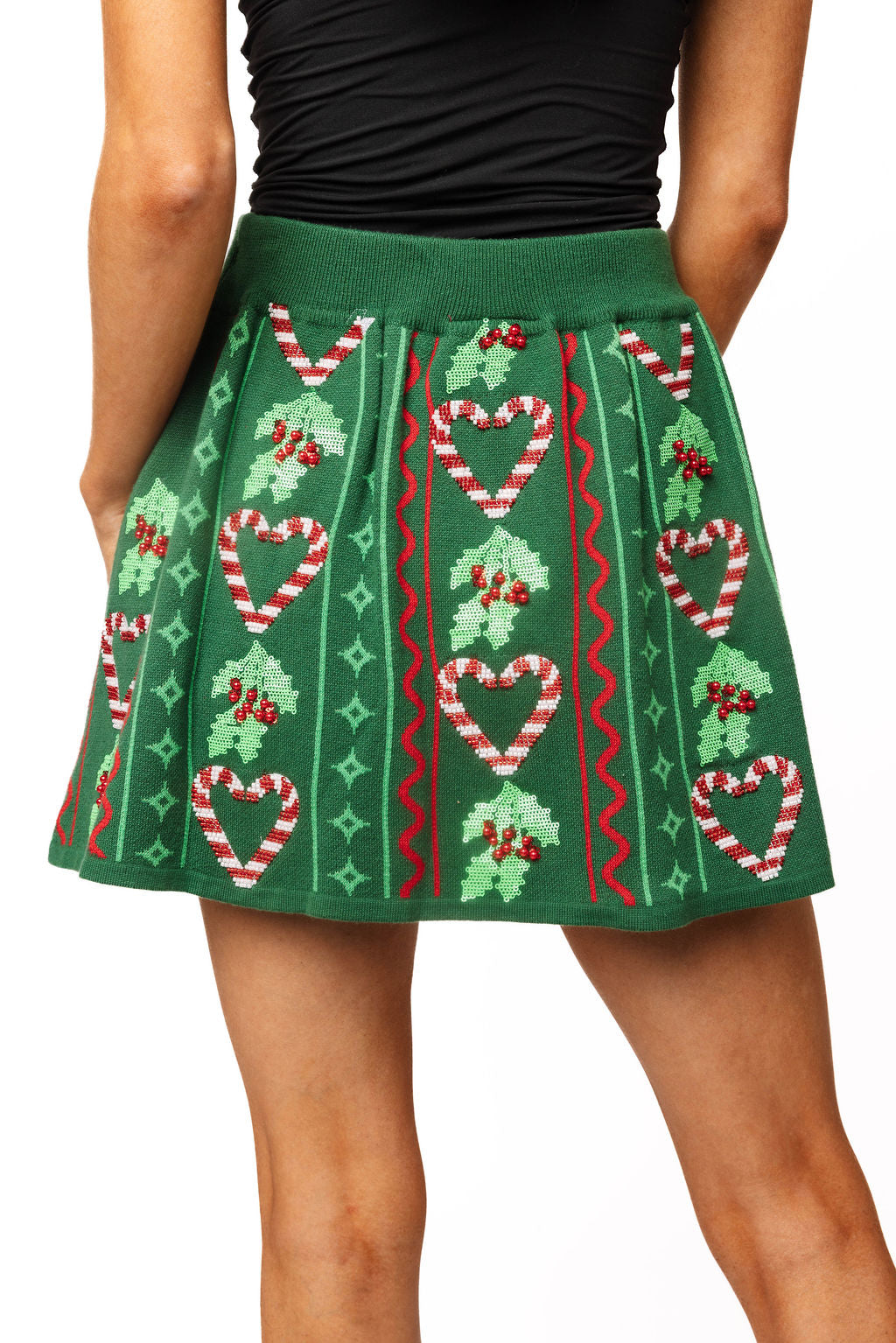 Queen of Sparkles Green 3D Holly & Peppermint Knit Skirt