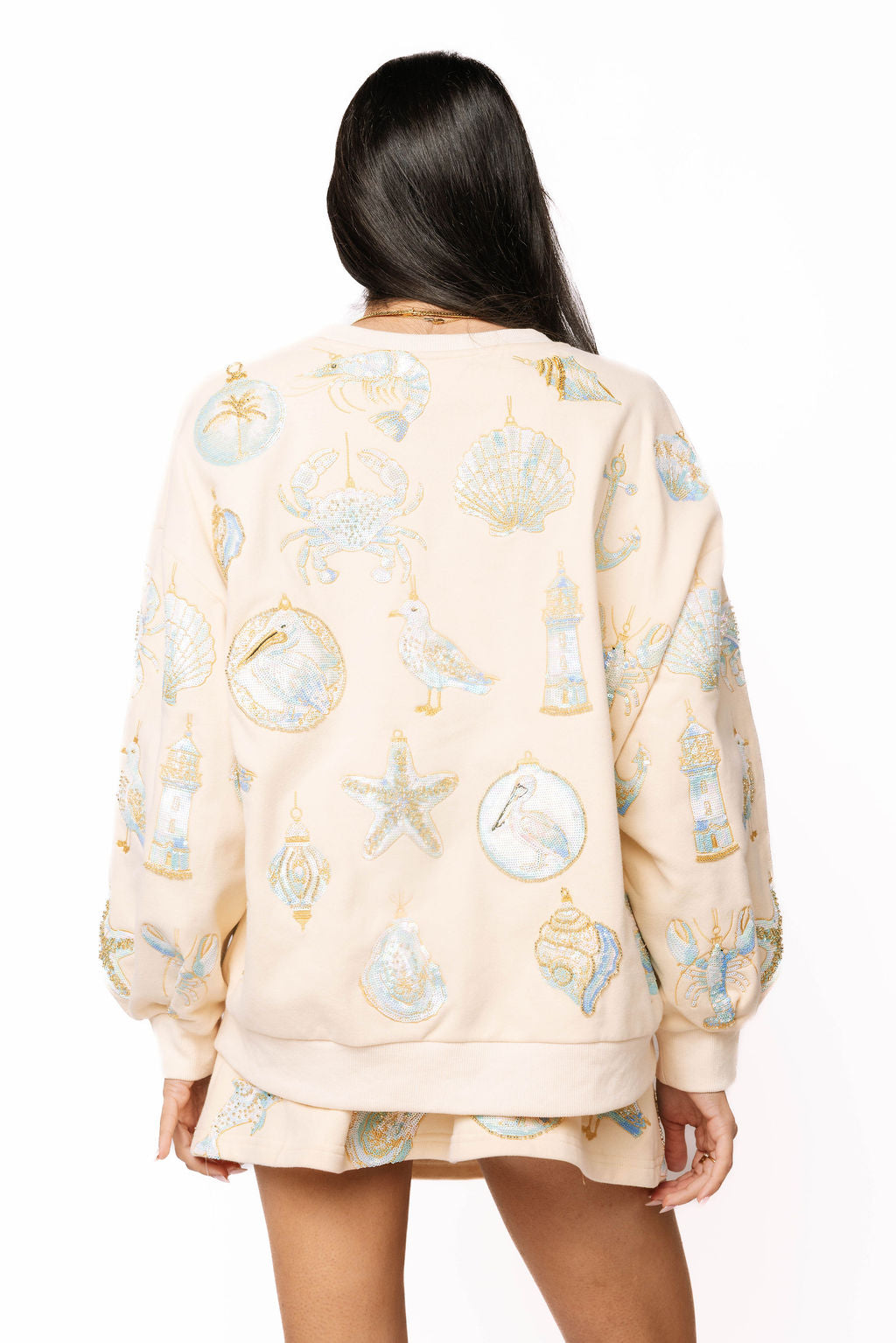 Queen of Sparkles Ivory & Mint Coastal Sea Shell Ornament Sweatshirt