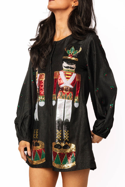 Queen of Sparkles Black Shimmery Denim Nutcracker Button Up Dress