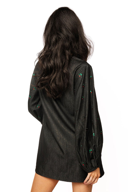 Queen of Sparkles Black Shimmery Denim Nutcracker Button Up Dress
