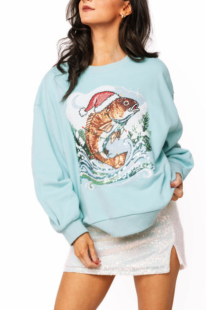 Queen of Sparkles Light Blue Fish In Santa Hat Sweatshirt