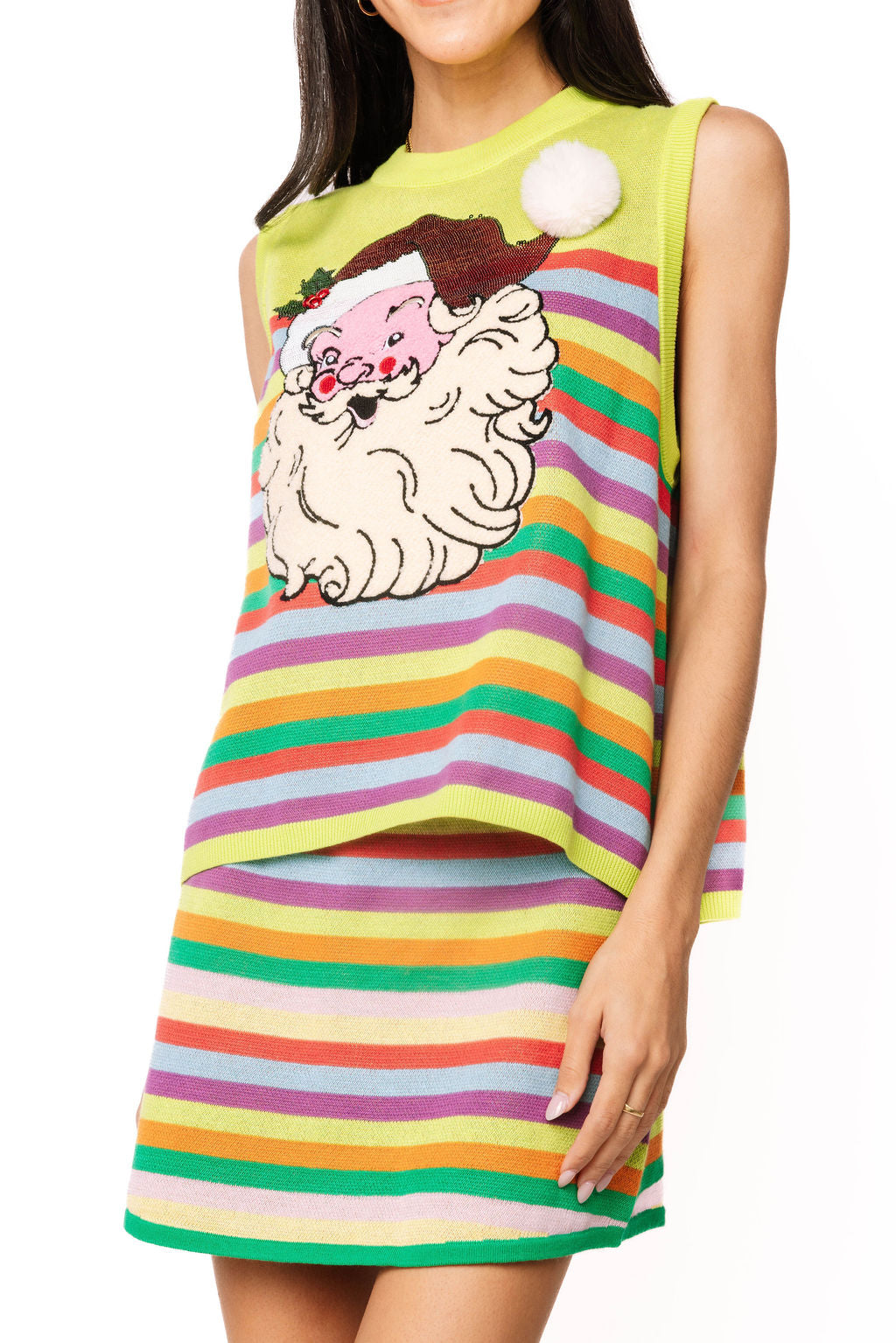 Queen of Sparkles Green Rainbow Striped Santa Claus Knit Tank
