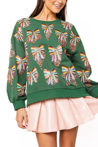 Queen of Sparkles Dark Green Multi Rainbow Beaded Ornament Sweatshirt