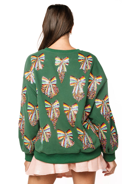 Queen of Sparkles Dark Green Multi Rainbow Beaded Ornament Sweatshirt