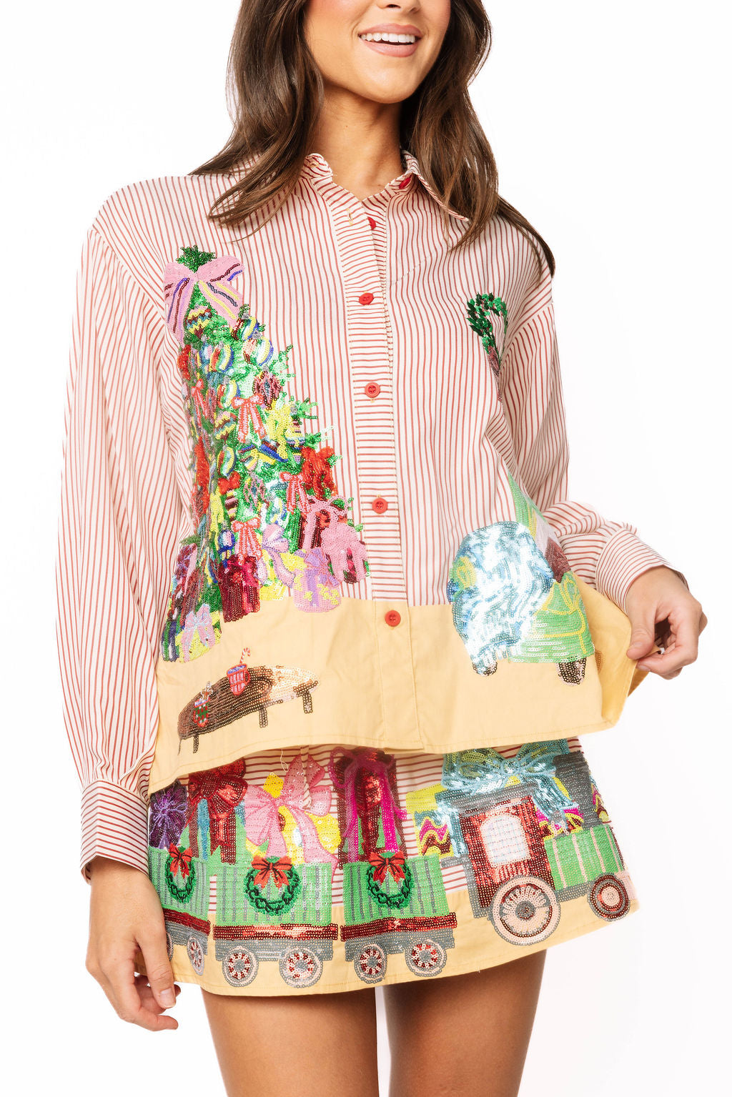 Queen of Sparkles Red Striped Christmas Scene Cotton Button Up Top